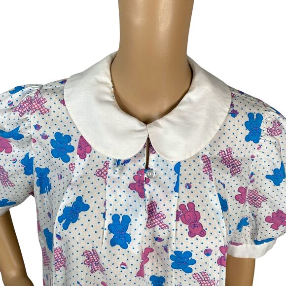 Vtg White Blue Pink Teddy Bear Collared Babydoll Puff Sleeve Tunic Top SZ 14 - Picture 3 of 10